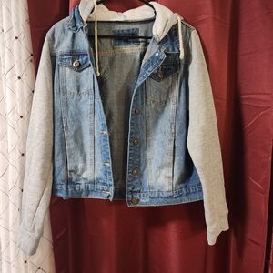 Stylish Kids Denim Jacket with Gray Hoodie Sleeves